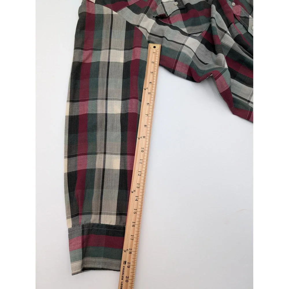 Ely Plains Vintage Western Pearl Snap Plaid Shirt Burgundy Green Mens 16.5 x‎ 34
